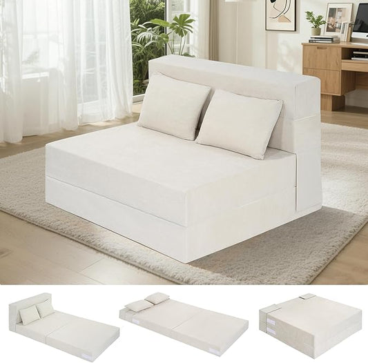 Fvkind Folding Sofa Bed, 4 in 1 Convertible Sleeper Sofa Bed Chair with Pillow, Twin Memory Foam Loveseat Futon Sleeper Chair, Foldable Futon Couch for Living Room, Bedroom, Guest Room, Beige