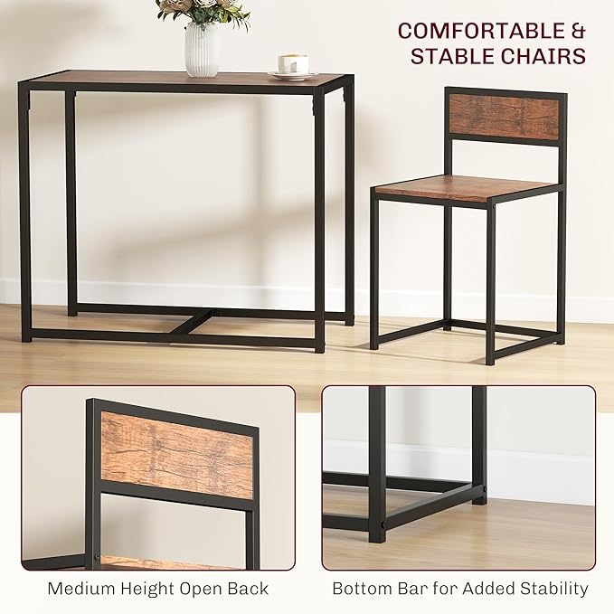 HOMCOM 3-Piece Industrial Dining Table Set for 2, Kitchen Table and Chairs, Dining Room Sets for Small Spaces, Rustic Brown