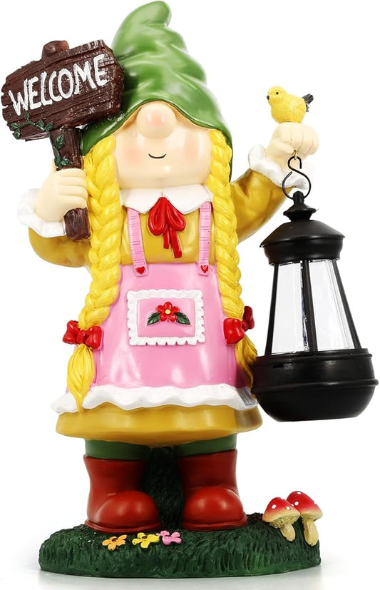 Solar Garden Gnome Outdoor Decor - Solar Garden Gnomes Outdoor Statues - Solar Gilrs Gnomes Decorations for Outside - Large Welcome Garden Gnomes Figurine - Unique Birthday Housewarming Gifts