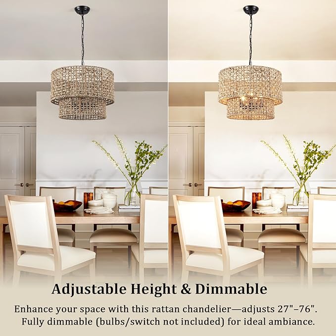 5-Light Boho Rattan Chandelier Light Fixture 19" Large Hand Woven Rustic Chandeliers Farmhouse Drum Hanging Light for Living Room Dining Room Kitchen Island Foyer Entryway, E12