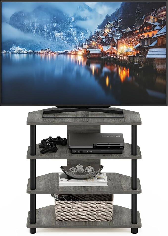 Furinno Turn-N-Tube Easy Assembly 4-Tier Petite Entertainment Center / TV Stand / TV Unit / TV Desk, French Oak Grey/Black