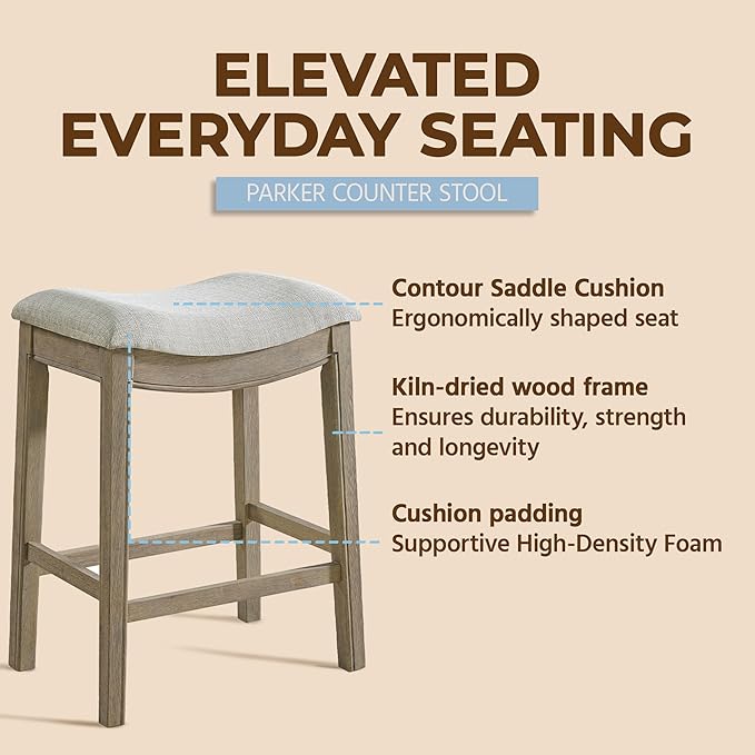 ROME + OAK Parker 26 Inch Counter Stool, Backless Saddle Kitchen Barstool in Reclaimed Oak Finish with Grey Fabric Upholstery Cushion Seat