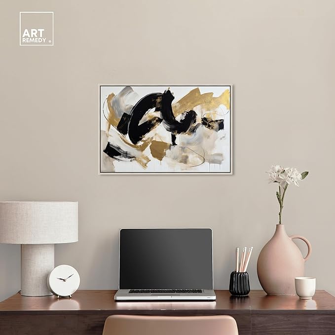 Art Remedy Moved Abstraction Canvas Modern Black White Abstract Wall Art, Silver Frame, 24" x 16"