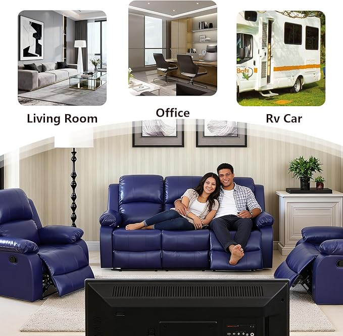 Recliner Sofa Set Living Room Furniture Sets Vegan Leather Sofa and Loveseat Set Manual Reclining Sofa Set with Cup Holders/Storage Console for Living Room/Rv Car (Purple Blue, Sofa+Loveseat)