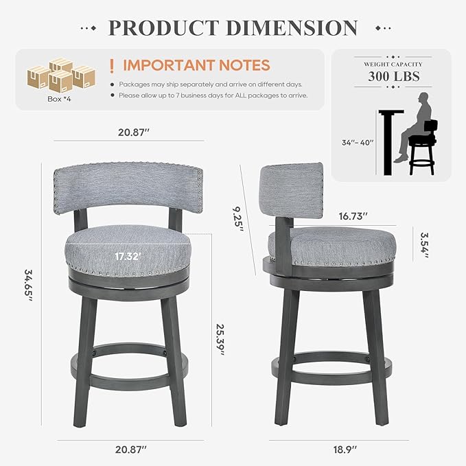COLAMY Swivel Counter Height Bar Stools Set of 4, 25 Inch Modern Upholstered Kitchen Island Barstools with Back, Wood Swivel Bar Chairs for Counter Bar Dining Room, Grey