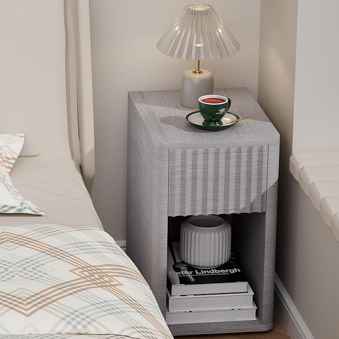 VICITON Fluted Narrow Night Stand,Thin Nightstand with Leather Surface, Small End Table with Storage, Living Room/Bed Side Table for Small Spaces (Light Gray, Normal)
