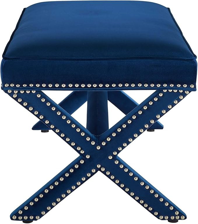 Modway Rivet Contemporary Modern Upholstered Velvet X-Base Accent Bench With Nailhead Trim In Navy