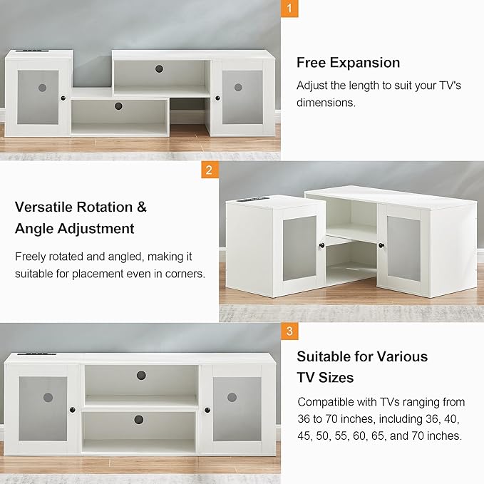 VECELO Deformable LED TV Stand with Power Outlets for 55/60/65/70 Inch Televisions, Gaming Entertainment Center with Cabinet for Living Room Bedroom, 4 AC Outlets & 2 USB-A Ports