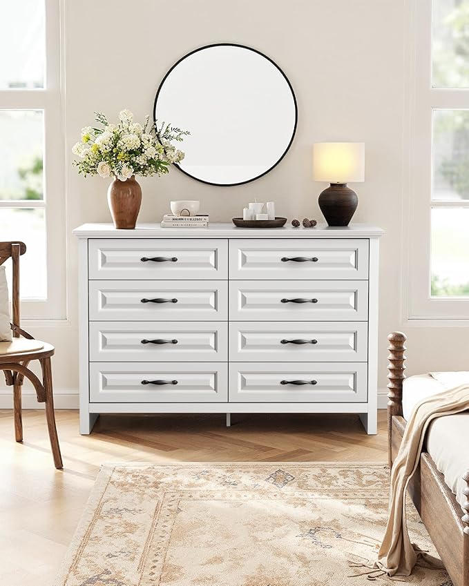Marsail 8-Drawer Farmhouse Dresser, Solid Wood Storage Space, Sturdy Wide Chest with Smooth Glide Drawers & Anti-Slip Kit, for Bedroom or Hallway, White