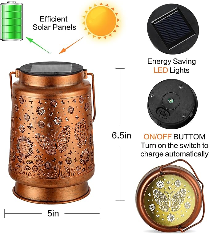 Butterfly Solar Lanterns Outdoor Waterproof Sunflower Garden Decor Birthday Gifts for Women Mom Grandma Hanging Solar Lights Metal Lantern Decoration Outside for Porch,Patio,Yard,Backyard