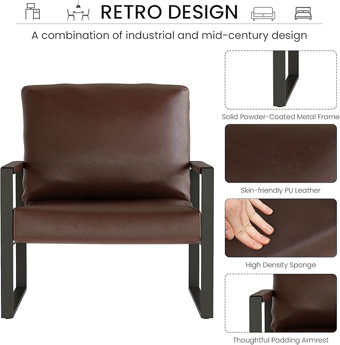 AWQM Modern PU Leather Accent Chair Arm Chair with Extra-Thick Padded Backrest and Seat Cushion Sofa Chairs for Living Room Bedroom, 105 Degree Slant Back, Non-Slip Adsorption Feet-Brown（Set of 1）