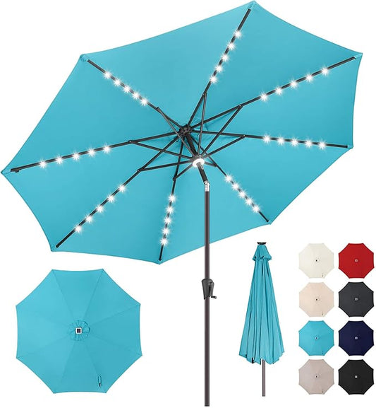 10ft Solar Umbrella Outdoor - Lighted Solar Patio Umbrella with 40 LED Lights Waterprool UV Protection, Table Umbrella with Tilt for Pool, Porch, Garden, Deck, Backyard (Aqua Blue)