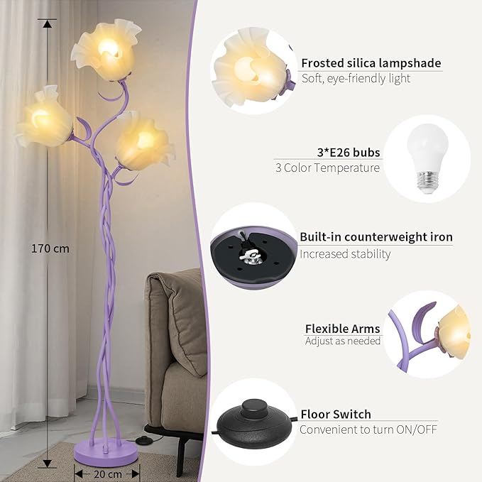 Flower Floor Lamp for Living Room, Tall Cute Reading Lamp with Flexible Neck Shaft for Bedroom Decor, Modern Corner Floor Lamps with 3-Color Temperatures LED Bulb (Purple)