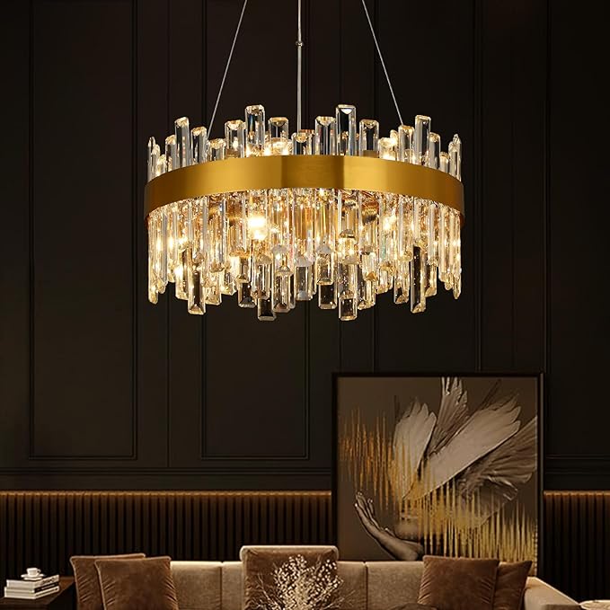 Crystal Chandeliers for Dining Room Lights Fixtures, 12 Lights Luxury Gold Modern Chandeliers for Bedroom, 2-Tier Round Crystal Lighting Fixtures for Living Room Entryway Kitchen Island D20 Inch