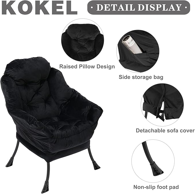 Kokel Lazy Chair with Folding Ottoman,Living Room Chairs, Accent Contemporary Lounge Chair, Single Steel Frame Leisure Sofa Chair with Armrests and A Side Pocket (Black)