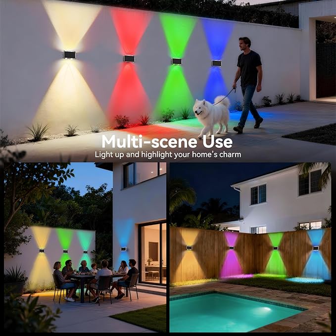 TECKNET Solar Fence Lights 2 Pack, 8 Modes RGB Color Changing, Up Down Lights & 200°Wide Lighting, IP66 Waterproof Dual-Lens LED Decorative Lights for Wall/Garden/Fence/Patio/Backyard