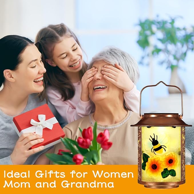 Bees Solar Lanterns Outdoor Waterproof,Birthday Gifts for Women Mom Grandma Garden Decor,Hanging Solar Lights Wall Mount Decorations for Yard,Front Porch,Patio,Lawn Pathway Landscape