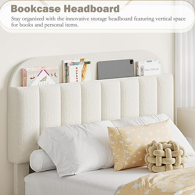 IDEALHOUSE Queen Bed Frame with 2 Flexible Drawers and Bookcase Headboard, Boucle Upholstered Platform Bed for Boys/Girls, Noise-Free, Easy Assembly, No Box Spring Needed, Beige