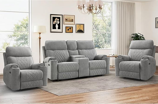 HAOMARKETS 3-Piece Recliner Sofa Set with Charging Ports, Include 2 Power Recliner Chairs and Electric 2-Seater Loveseat Reclining Couch with Hidden Storage and Cup Holders for Living Room, Light Grey