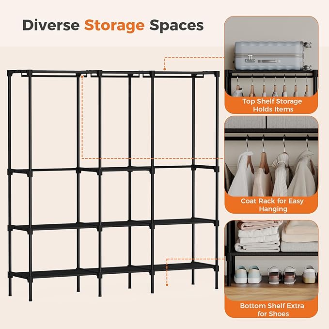 OLIXIS Portable Wardrobe Closet with Hanging Rods, 72 Inch Portable Clothing Rack with Shelves, Heavy Duty Clothes Rack, Freestanding Closet Organizer, 72 "L x 15.7 "W x 77 "H