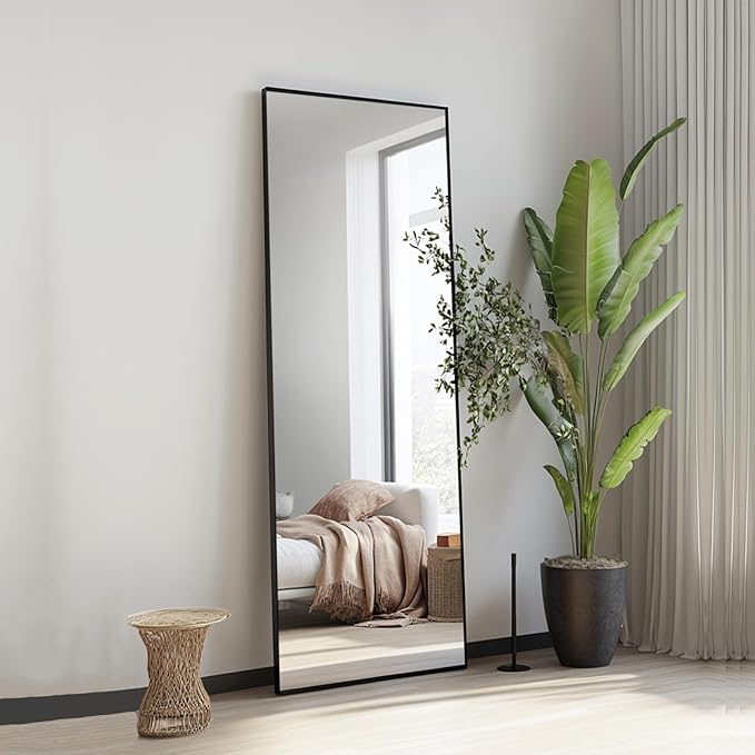 Full Length Mirror, Full Body Mirror with Aluminum Metal Frame, Standing Mirrors for Bedroom, Livingroom, Cloakroom, Hallway, Home Décor. (56x16 inch, Black)