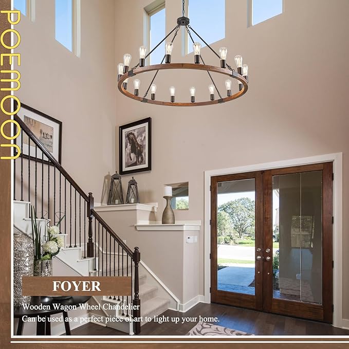 16 Lights Farmhouse Wagon Wheel Chandelier 43.3'' Rustic Wooden Light Fixture Black Round Chandelier Industrial for High Ceiling Living Dining Room Foyer Villa