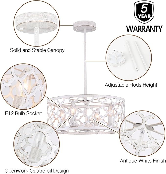 Bargeni Farmhouse Chandelier,15 inch Rustic Ceiling Light Fixture,Antique White Finish,4-Light Dining Room Light Fixture for Kitchen Island,Bedroom,Entryway,Foyer