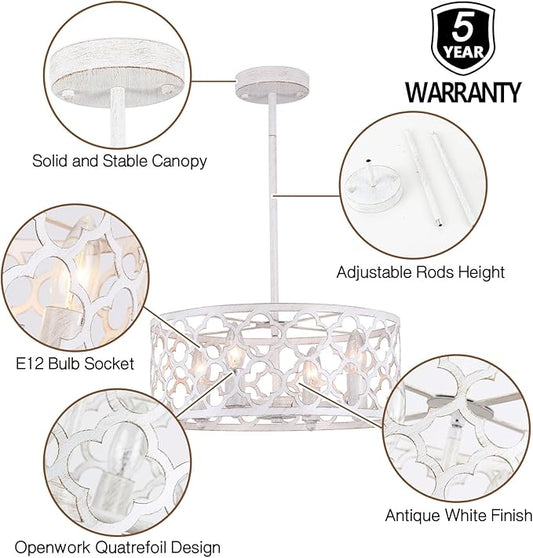 Bargeni Farmhouse Chandelier,15 inch Rustic Ceiling Light Fixture,Antique White Finish,4-Light Dining Room Light Fixture for Kitchen Island,Bedroom,Entryway,Foyer