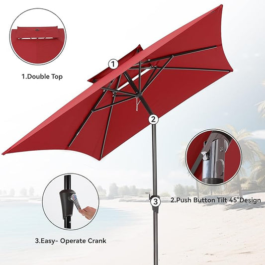 6.6 x 10 ft Rectangular Patio Umbrella, Outdoor Market Table Umbrella with Push Button Tilt and Crank, Double-Tier Vent, 6 Ribs, Rectangle Patio Umbrella for Backyard, Deck, Pool, Fits 4–6 Chairs and Tables (Wine Red)