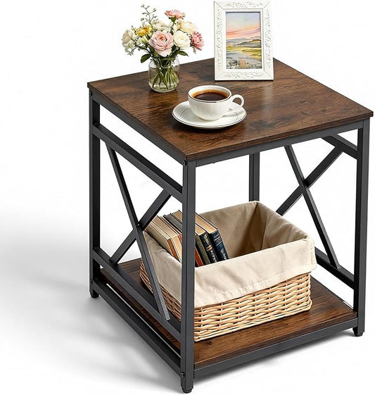 VEVOR End Table 18" Square, 2-Tier Side Table with Open Storage Shelves, Industrial Nightstand Bedside Table with Metal Frame & Wood Top, Small Sofa Table for Living Room, Bedroom, Office, Dorm