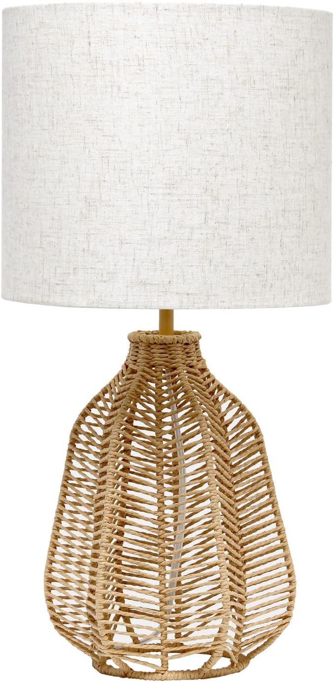 Elegant Designs LT2106-NAT 21" Tall Boho Coastal Inspired Rustic Paper Rope Rattan Wicker Look Standard Table Desk Nightstand Lamp with Light Beige Fabric Linen Shade, Natural