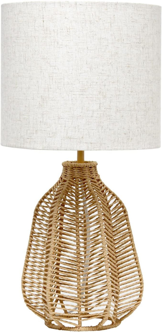 Elegant Designs LT2106-NAT 21" Tall Boho Coastal Inspired Rustic Paper Rope Rattan Wicker Look Standard Table Desk Nightstand Lamp with Light Beige Fabric Linen Shade, Natural