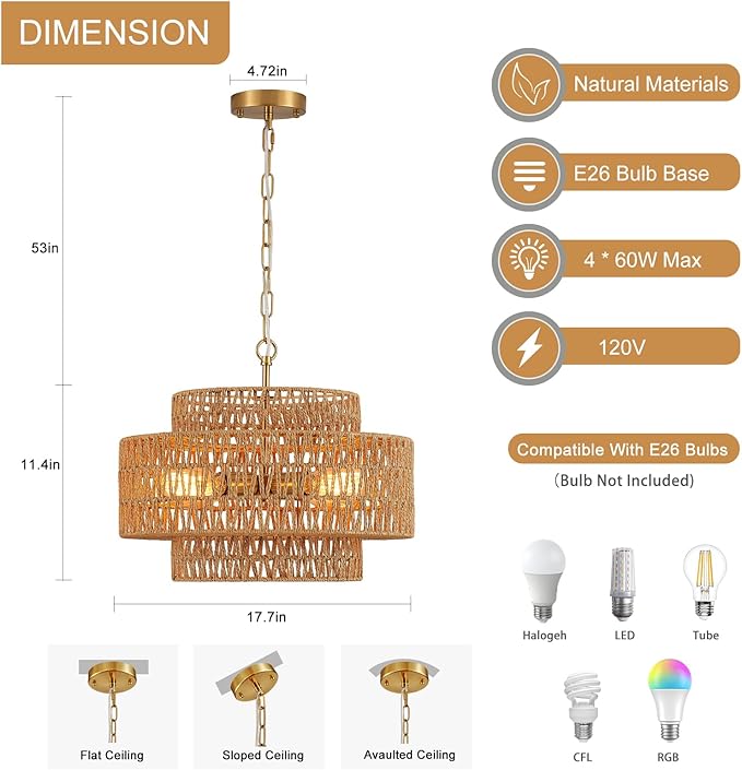 17.8" Boho Rattan Chandelier Light Fixture, 4-Light Golden Hand Woven Pendant Light Fixture Farmhouse Rustic Wicker Chandeliers for Kitchen, Bedroom, Dining Room, Living Room, Hallway, Foyer
