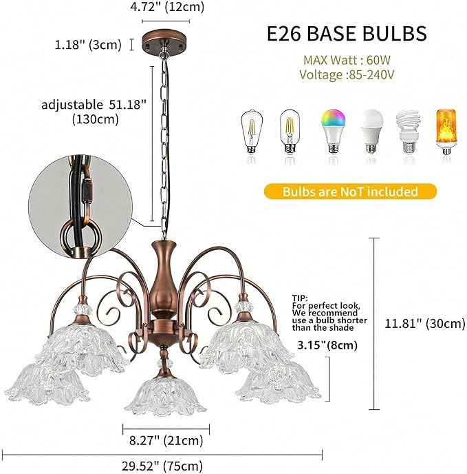 5-Light Vintage Chandeliers in Antique Red Bronze Finish with Crystal Glass Shades, Retro Chandelier Light for Dining Room, Hallway, Kitchen