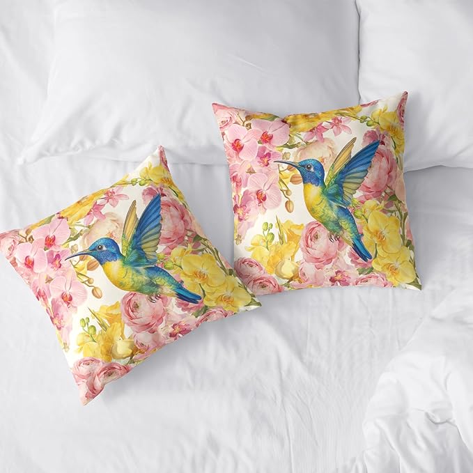 Spring Pillow Covers 24x24 Set of 2 Hummingbird Throw Pillow Covers Pink Yellow Moth Orchid Buttercup Floral Pillow Case for Home Decor Couch Sofa