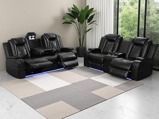 Mordern Breathing Leather Sofa Sets, Living Room Furniture Sets, Power Reclining Sectional Sofa, Loveseat with Cup Holders/Storage Console/LED Light for Living Room