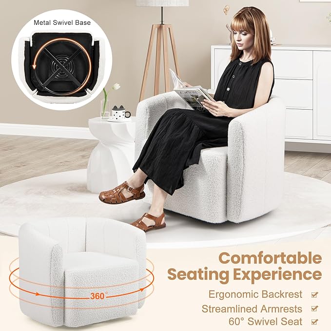 KOMFOTT Swivel Barrel Chair Set of 2, Sherpa Fabric Accent Chair with Curved Backrest & Armrests, Upholstered Armchair with Wide Seat, Pumpkin Shaped Single Sofa Chair for Living Room, Bedroom, White