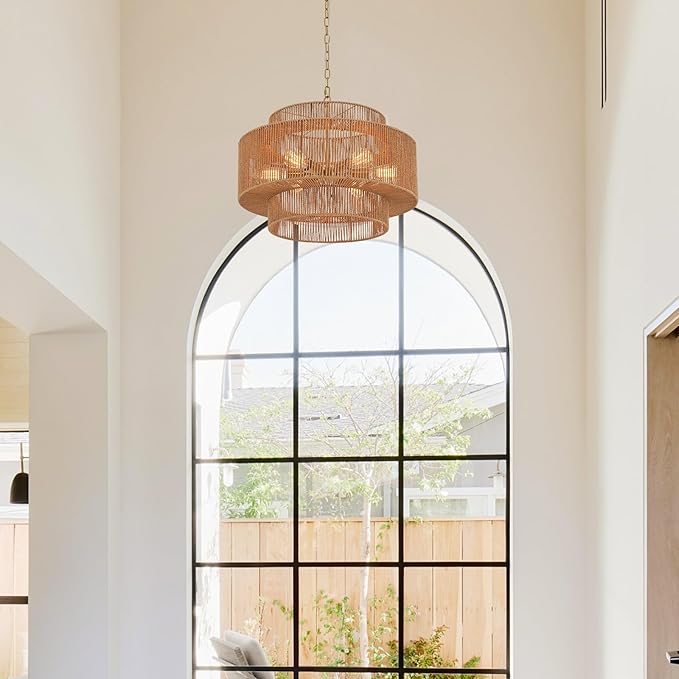 23.6" Rattan Chandelier Light Fixture Vintage 6-Lights Boho Hand-Woven Bamboo Chandeliers Retro Farmhouse 3-Tier Drum Wicker Rattan Golden Chandelier for Dining Room, Kitchen, Living Room