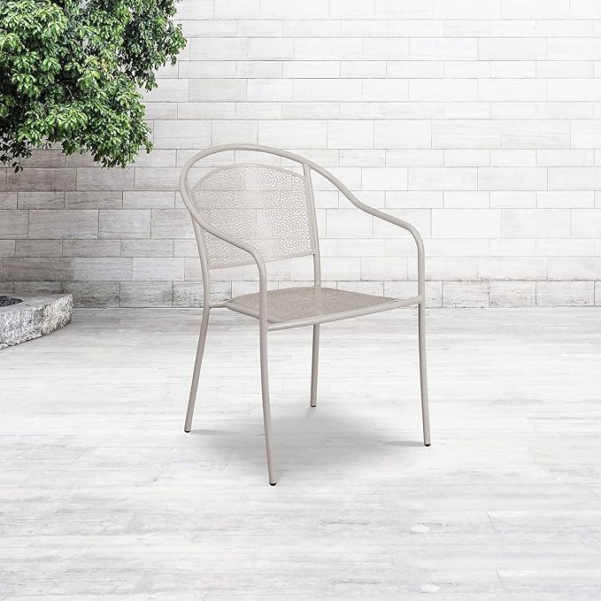 Flash Furniture Commercial Grade Light Gray Indoor-Outdoor Steel Patio Arm Chair with Round Back