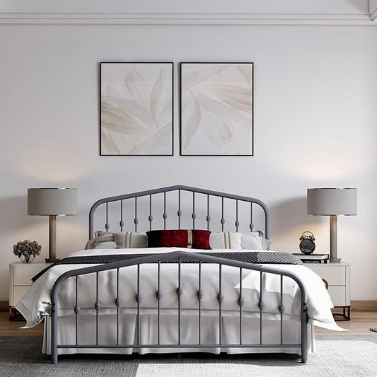 Washington Queen Metal Bed Frame with Headboard and Footboard Platform/Wrought Iron/Heavy Duty/Metal Slat/Grey Silver/No Box Spring Needed
