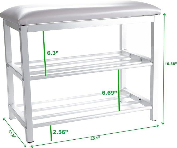 Mind Reader Shoe Bench, Shoe Organizer, Shoe Rack, Padded Bench, Storage, Entryway, Metal, 23.5" L x 11.8" W x 19.88" H, White