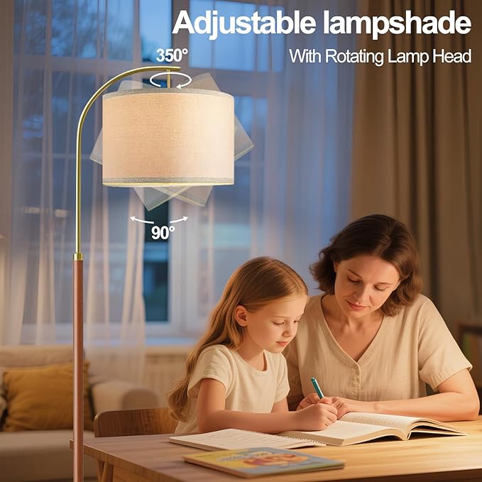 Wood Floor Lamps for Living Room Arc Floor Lamp with Remote Control,Dimmable LED Floor Lamp Mid Century Modern Standing Lamp with 3 Color Temperature Tall Gold Floor Lamp for Bedroom Corner