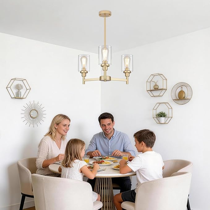 3-Lights Gold Chandeliers for Dining Room Light Fixture, Farmhouse Chandeliers Over Table, Hallway Lighting Fixtures with Glass Shade for Entryway Dining Room Kitchen Island Foyer