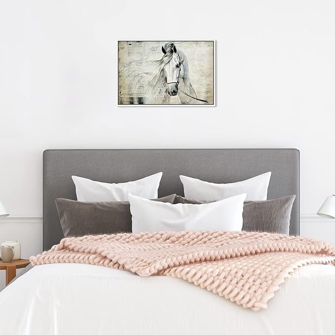 Country Farmhouse Canvas Print Painting Animal Wall Art 'Southern White Horse' White Framed Canvas Rustic Home Décor 24x16 in Gray, Brown by Oliver Gal