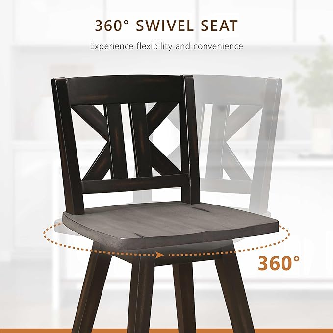 Lexicon Counter Height Stools Set of 2-Solid Wood Frame 360° Swivel Wooden Stools, Foot Rest, KK Back, Wide Seat, Distressed Farmhouse Easy to Clean Finish, 24" SH, Antique Black/Grey