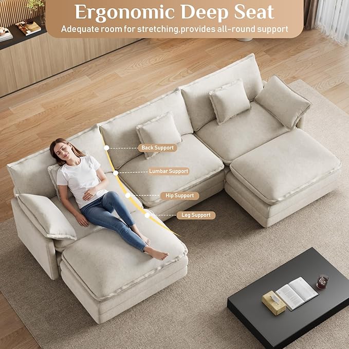 114" U Shaped Cloud Couch Sectionals Oversized Sectional Couches for Living Room Modular Couch, Large Velvet Cloud Sofa with Movable Ottoman, Beige