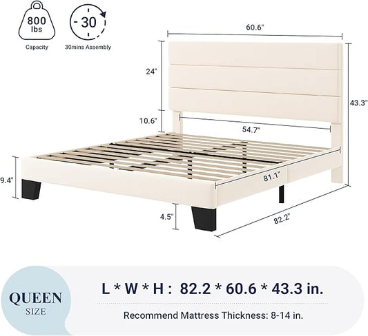 Allewie Queen Size Platform Bed Frame with Velvet Upholstered Headboard and Wooden Slats Support, Fully Upholstered Mattress Foundation/No Box Spring Needed/Easy Assembly, Cream
