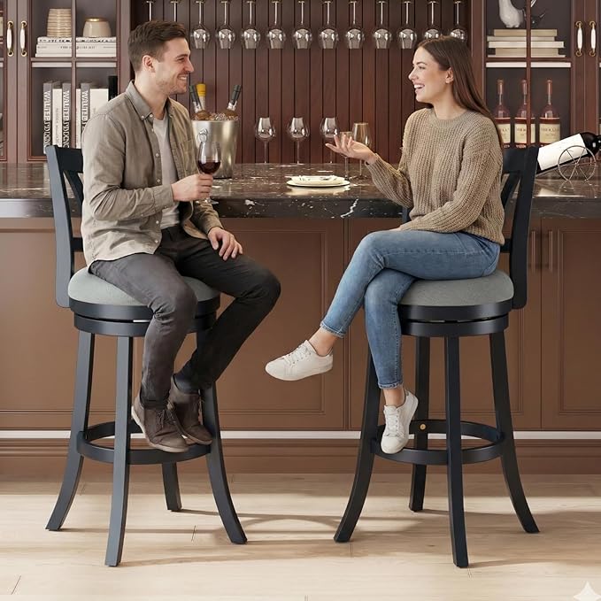 Swivel Bar Stools Set of 6,30 Inch Bar Height Barstool with Silent Rotation, High-Density Foam Cushion, Solid Wood Frame, Footrest & Anti-Slip Pads for Kitchen Islands and Home Bars (Grey)