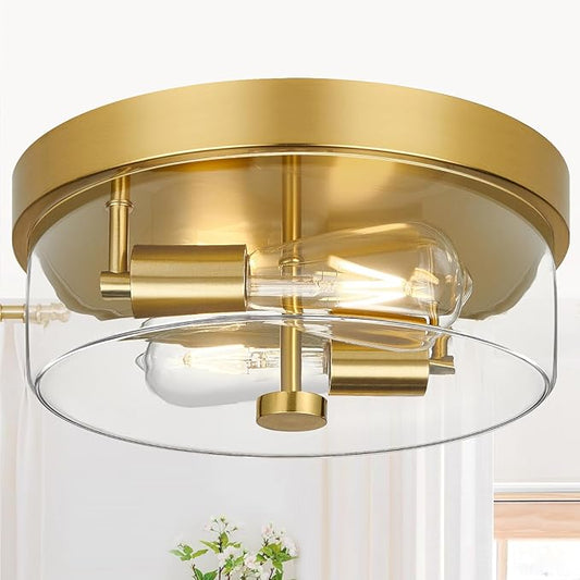 Flush Mount Ceiling Light Fixtures, 2-Light Gold Ceiling Mount for Farmhouse with Clear Glass Lampshade, Industrial Flush Mount Light Fixture Farmhouse for Hallway, Kitchen, Entryway and Foyer