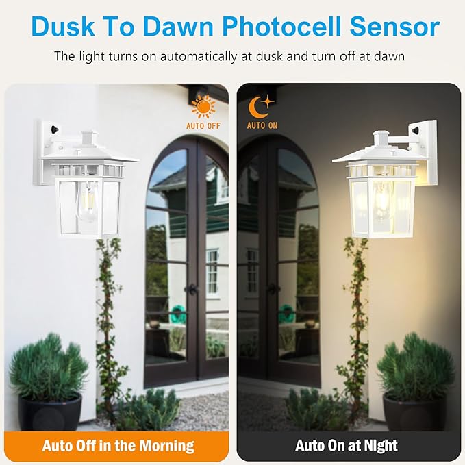 Compact Dusk to Dawn Outdoor Lighting Fixtures Wall Mount, Sensor Exterior Wall Lights for House, Anti Rust Porch Light, White Sconce Lamp, Waterproof Wall Lantern for Doorway, Garage, 2-Pack